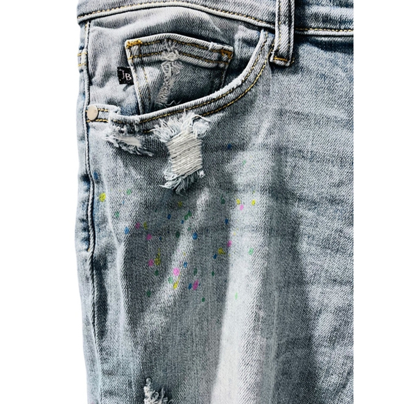 Judy Blue Boyfriend Distressed Paint Speckled Denim Blue Jeans Size 32 Cotton - Picture 3 of 7